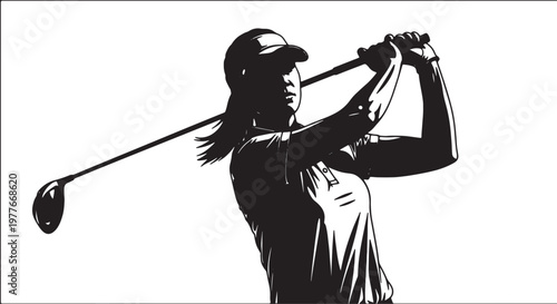 Woman golfer swinging driver on fairway silhouette illustration showing dynamic movement athletic posture competitive spirit leisure activity sports recreation professional skill.
