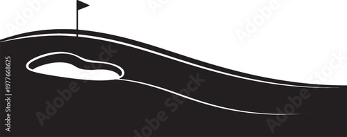 Golf course vector silhouette art illustration showcasing a green with a flag and a sand bunker, isolated on a transparent background, depicting an essential element of a golf game.