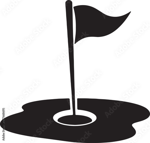 A golf course flag in black silhouette with a small pond on a grey and white checkered background, minimalist vector art illustration, golf course hole.