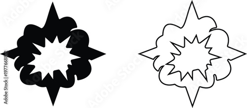 Bomb explosion nuclear blast icon set collection group in black flat and line style vector illustration, explosive dynamite grenade detonation symbol pack minimal outline design bundle