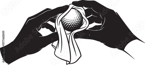 Pair of hands cleaning a golf ball with a cloth, emphasizing care for equipment during golf game.