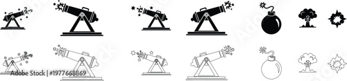 Cannon bomb explosion icon set collection group in black flat and line style vector illustration, artillery weapon dynamite grenade blast symbol pack minimal outline design bundle