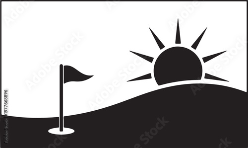 Golf flag on green with large sun setting or rising in background, creating serene silhouette scene on golf course.
