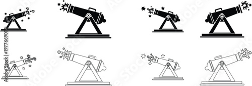 Cannon artillery weapon icon set collection group in black flat and line style vector illustration, military gun blast explosion symbol pack minimal outline design bundle