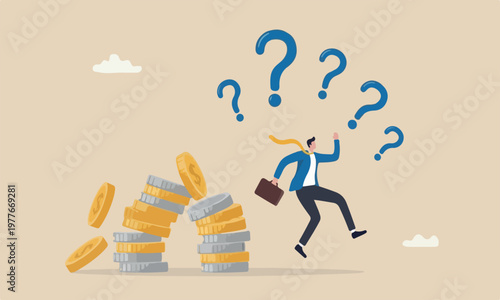 Financial instability market, risky situation or economic recession, crisis or bankruptcy concept, businessman investor falling from stack of unstable money coins