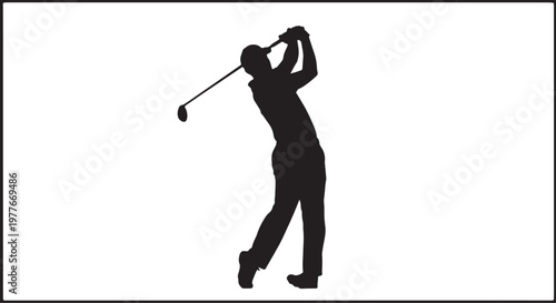 A silhouette of a male golfer with a cap swinging a golf club, captured in a full-body shot with a transparent checkerboard background and a black border.