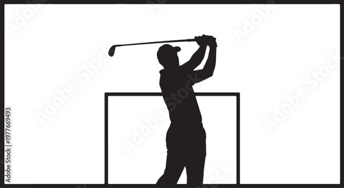 A silhouette of a male golfer with a cap swinging a golf club in a wide frame, with a checkerboard transparent background and a black border.