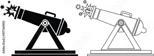 Cannon artillery weapon icon set collection group in black flat and line style vector illustration, military gun blast explosion symbol pack minimal outline design bundle