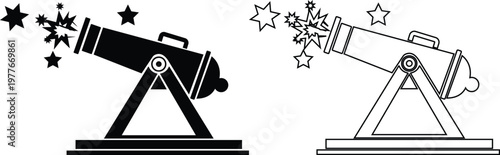 Cannon artillery weapon icon set collection group in black flat and line style vector illustration, military gun blast explosion symbol pack minimal outline design bundle