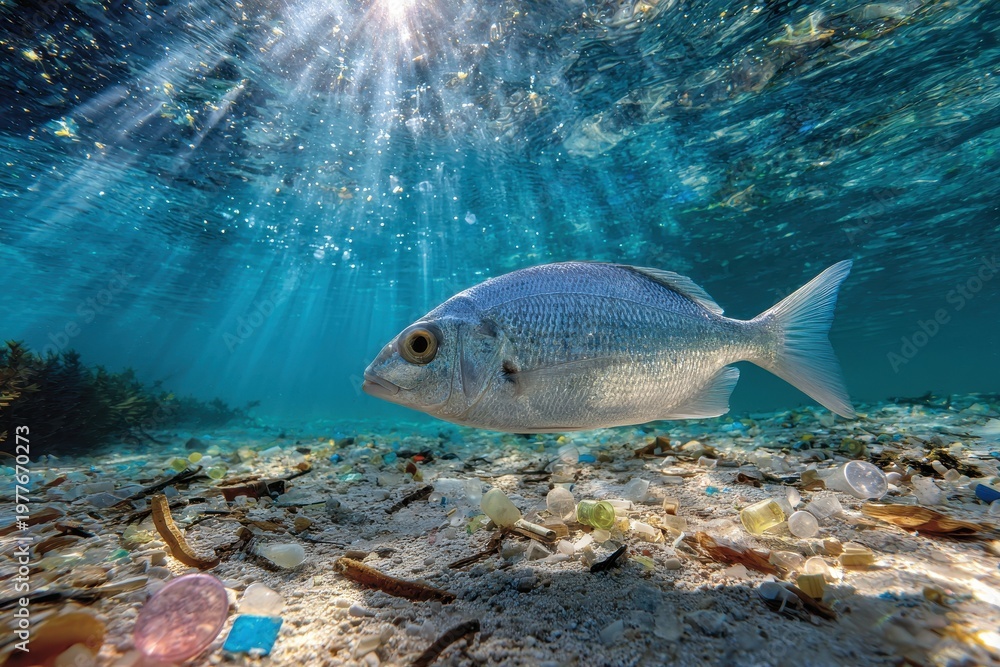 Fototapeta premium Underwater scene of a fish amid microplastics and plastic debris in clear blue water