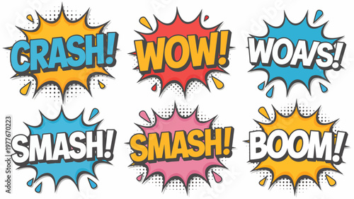 Comic book explosion words, colorful speech bubbles, wow smash crash boom vector icons