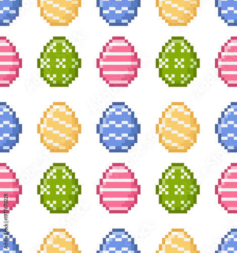 Colorful pixelated Easter eggs seamless pattern. Four painted colorful eggs in pink, green, yellow and blue. 8-bit elements in the retro style. Vector illustration.