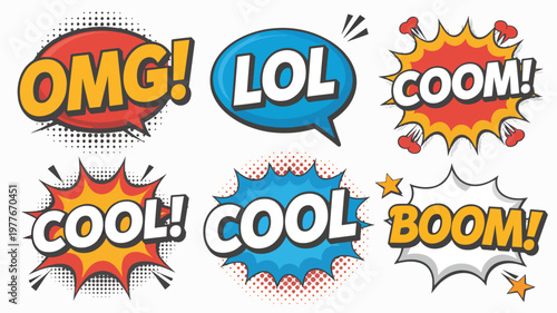 Comic speech bubbles, colorful explosion words, emotive expressions, vector phrases