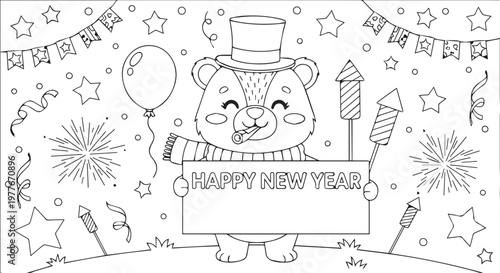 Happy new year bear with fireworks and balloon.