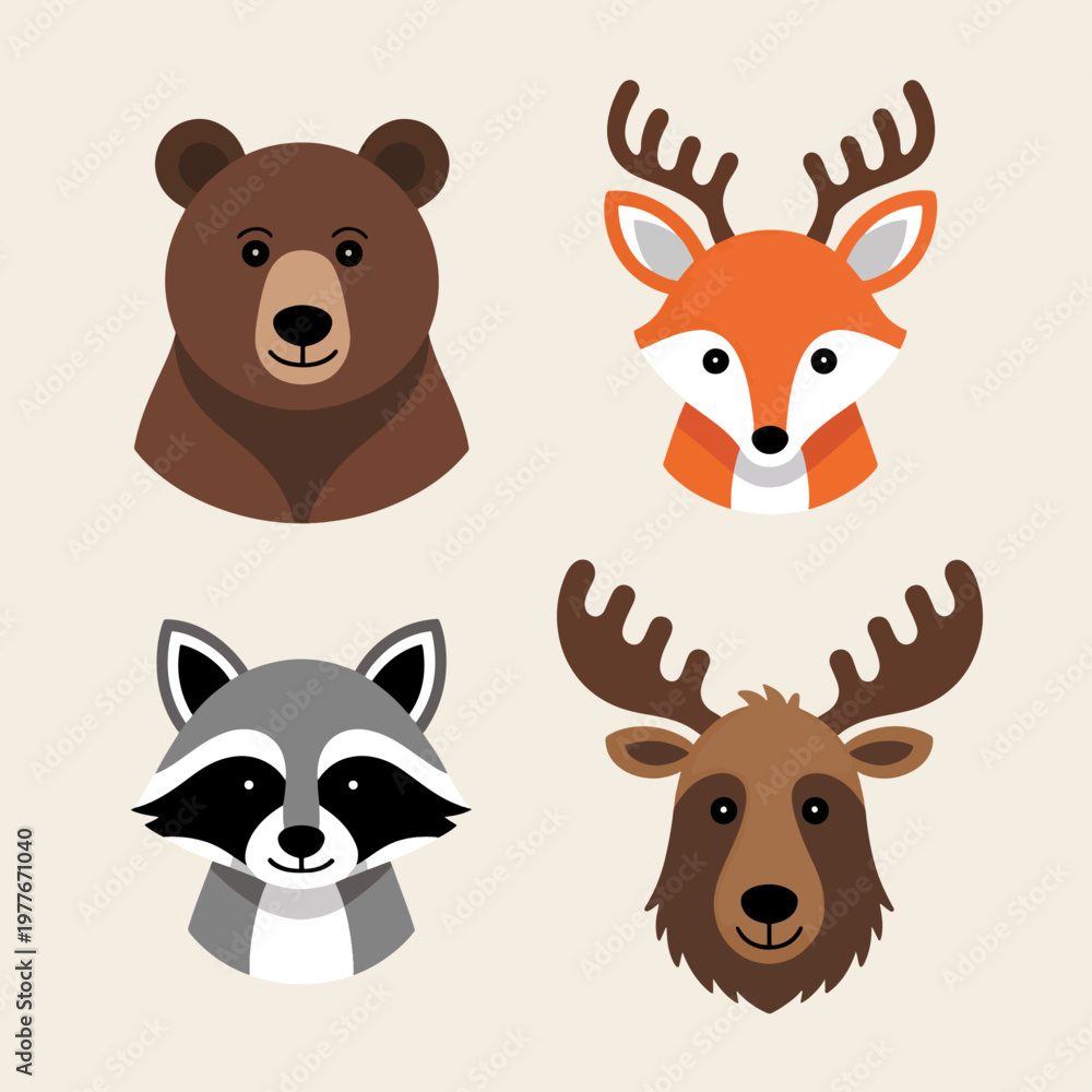 Fototapeta premium Wildlife Icons, Forest Animal Heads, Vector Illustrations, Nature Symbols
