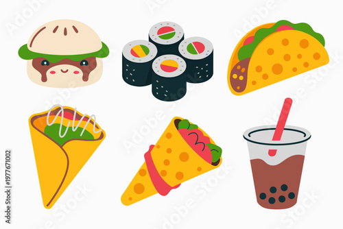 Food icons, sushi, tacos, burritos, boba tea, colorful flat design illustrations, 6 piece set
