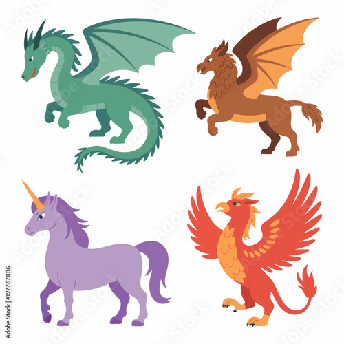 Mythical creatures, fantasy animals, dragon, unicorn, phoenix, vector icons