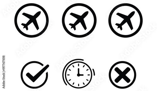 Airplane, vector flight icon collection with aircraft and travel route symbols, representing aviation, departure, arrival, and journey concept, clean modern flat design
