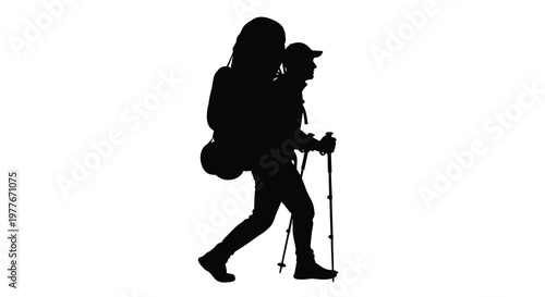 A hiker with a backpack and trekking poles depicted in black silhouette