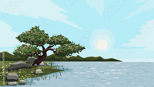 Fotografie Serene Lakeside Sunset Nature Illustration Vector