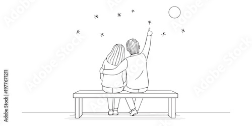 Couple watching stars and moon at night.