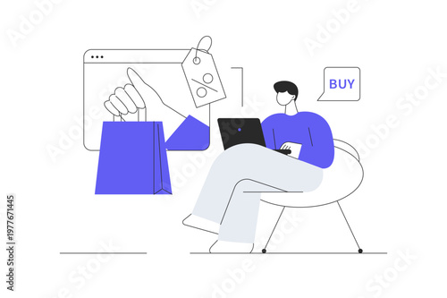 Shopping online. Man making purchases, ordering delivery and paying with credit cards. Flat Cartoon Vector Illustration, icon Stylish abstract design landing page web