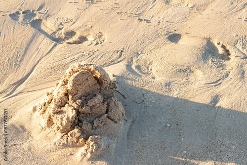 Seascape. Sand at sunset on the Atlantic Ocean. Beach in Varadero, Cuba, soft yellow sand, selective focus.