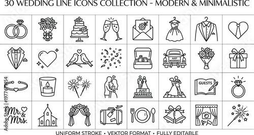 Wedding line icons collection modern minimalistic 30 symbols