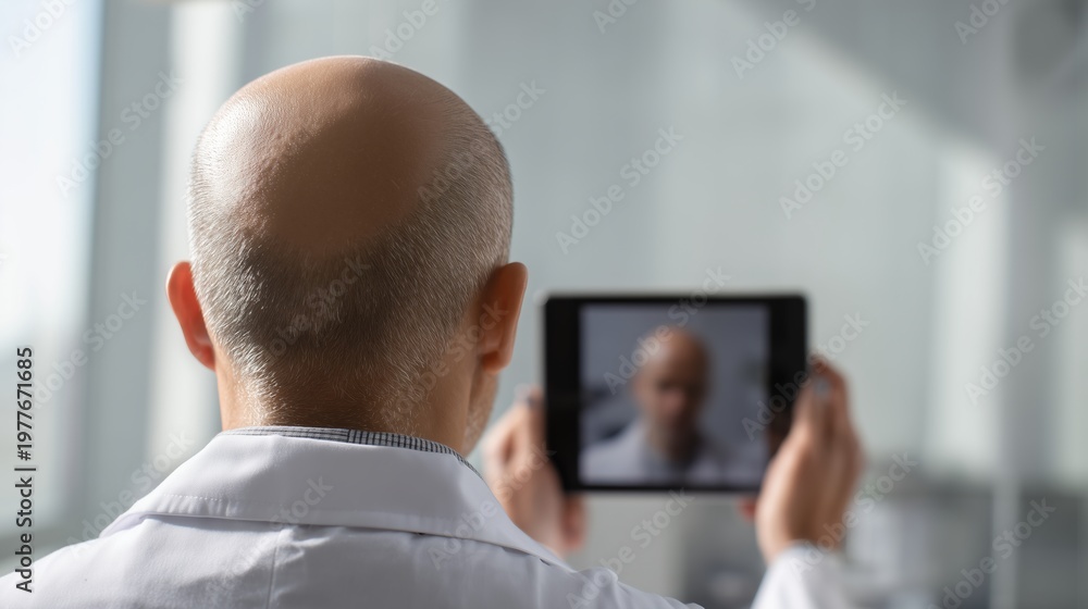 Fototapeta premium Doctor uses tablet to capture consultation on alopecia in a medical office during the day