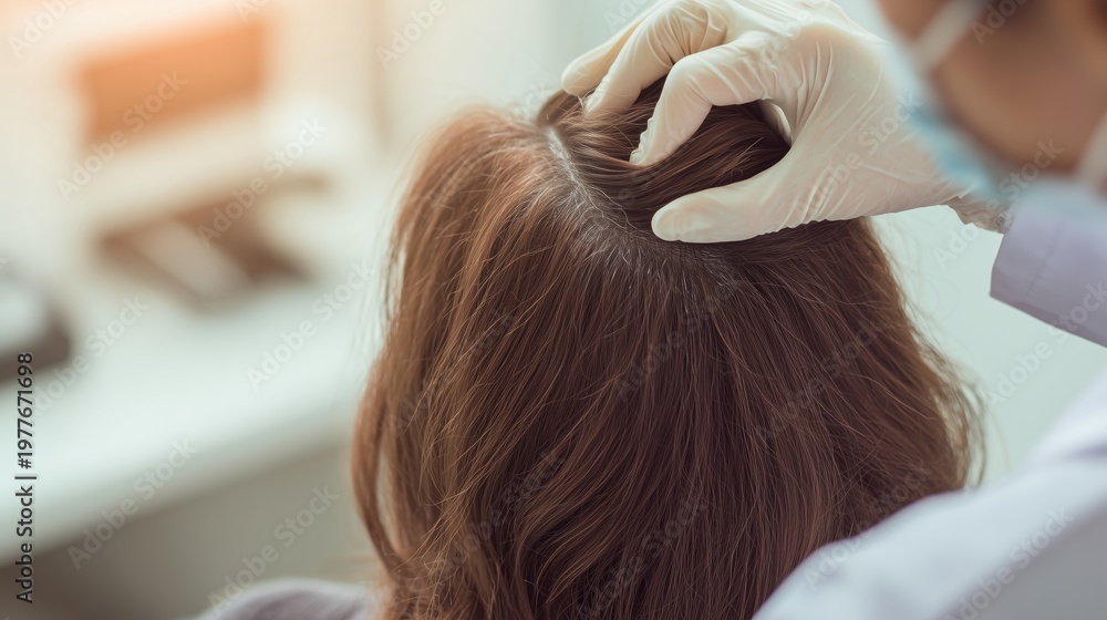 Fototapeta premium Consultation for alopecia treatment at a clinic during the daytime with a medical professional examining the scalp