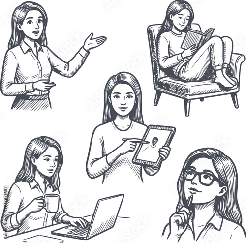 hand drawn illustration set of a woman working at a laptop thinking reading and presenting with black fill and no white fills
