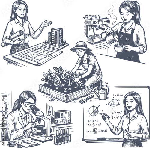hand drawn professional woman working in science architecture gardening and coffee shop navy blue illustration with no white fills