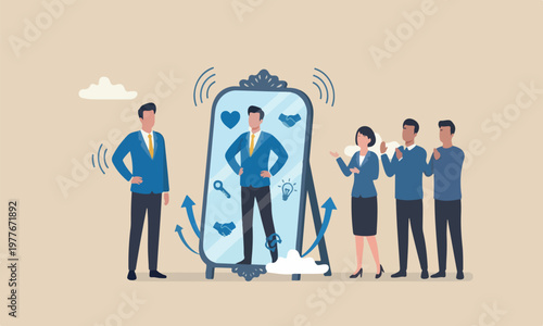 Self acceptance meeting teams together respect yourself, key to success, confidence and positive thinking, attitude or mindset for leader concept, confidence businessman appreciate his self reflection