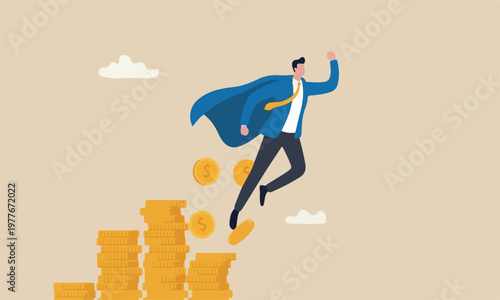 Money growth growing profit or compound interest, financial planning or increase revenue or income, wealth accumulation concept, success businessman superhero flying up money coins stack