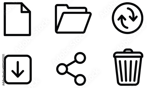 Versatile, outline UI icon set featuring file management, data transfer, content sharing, and deletion symbols, modern vector