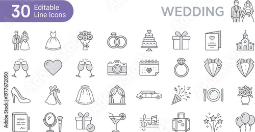 Wedding icons set including couples, Gifts, Rings, Cakes, And more for planning and decoration