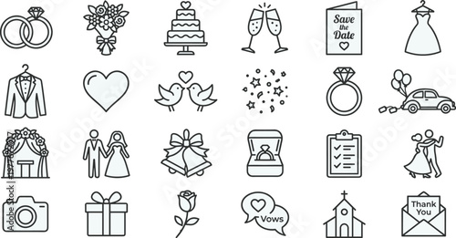 Minimalistic wedding line icons set for invitations and ceremonies