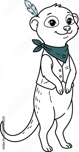 Cartoon meerkat character wearing a feather headdress, playful expression, outlined design
