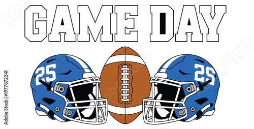 Title: Game day American football helmet banner design for sports event promotion, fan merchandise, and championship celebration marketing
