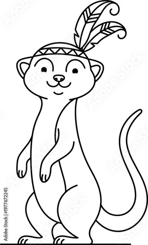 Cartoon meerkat with feathered headband smiling happily on white background

