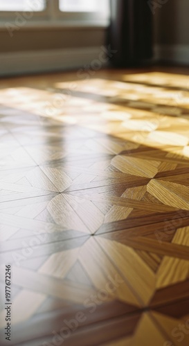 Sunlight casting patterns on hardwood floor in living room