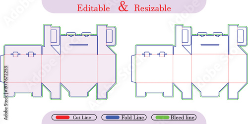 Packaging box die cut template with cut, fold, and bleed lines