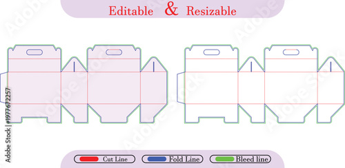 Packaging box die cut template with cut, fold, and bleed lines