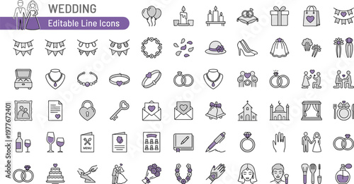 Wedding editable line icons set for marriage and love concept
