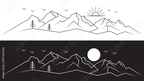 A split image shows a stylized mountain range under a bright sun and a moonlit night with birds flying.