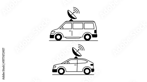 Two vehicles, a van and a car, are depicted with satellite dishes on their roofs, implying communication.