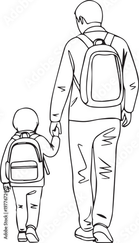 Father and child walking with backpacks.