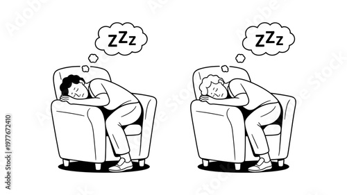 Two people are asleep in armchairs, with Zzz bubbles above their heads signifying rest.