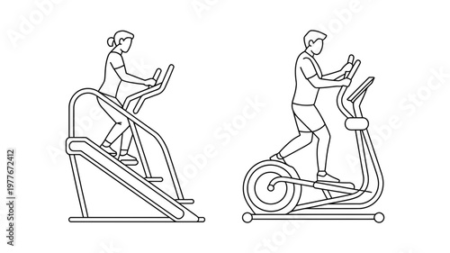 A woman uses a stair-climbing machine while a man uses an elliptical trainer in a fitness illustration.