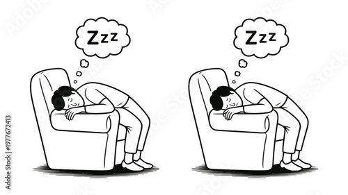 Two weary individuals are depicted slumped in armchairs, dreaming of sleep with Zzz bubbles above.
